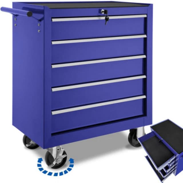 Tectake Tool Chest - With Wheels, 5 Drawers, Central Locking System - Blue