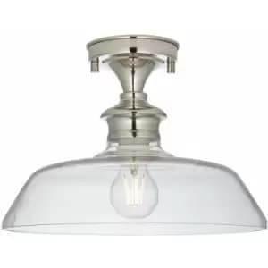 Semi Flush Ceiling Light Fitting - Bright Nickel Plate & Clear Glass Shade