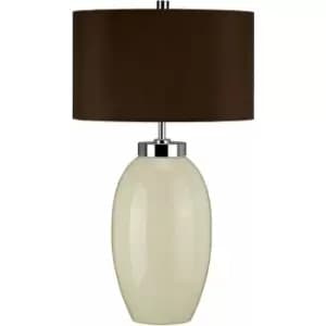 Table Lamp Small Ceramic Cream Glaze Brown Faux Silk Empire Shade LED E27 60W