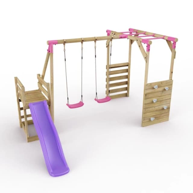 Rebo Wooden Double Swing Set with Monkey Bars and Slide - Venus Pink Pink