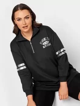 Yours Metallic Varsity Half Zip Sweatshirt, Black, Size 18, Women