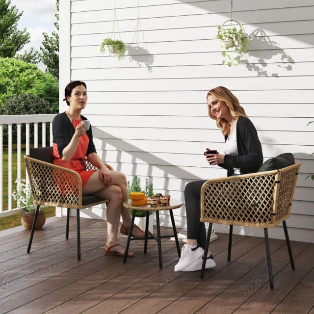 OUTSUNNY 3 Piece Rattan Bistro Set with Cushions in Natural Natural Unisex