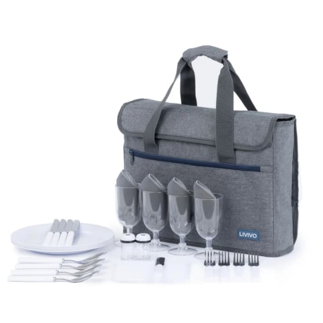 LIVIVO 4 Person Picnic Briefcase Bag with Tableware Set Grey