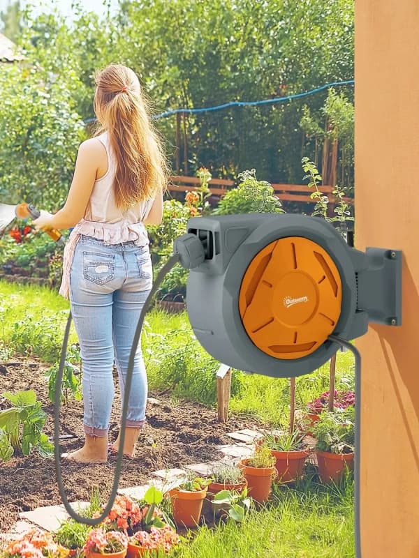 Outsunny Retractable Hose Reel Wall Mounted with Lock, Orange 84H-320V00OG