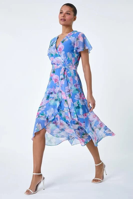 Roman Womens Floral Frill Detail Wrap Dress in Light Blue Size: 12 Light Blue Female 12
