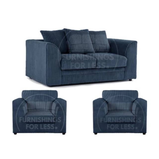 Furnishings For Less UK Luxor Jumbo Cord 2 + 1 + 1 Fabric 3 Piece Sofa Suite - Scatter Back Navy Blue
