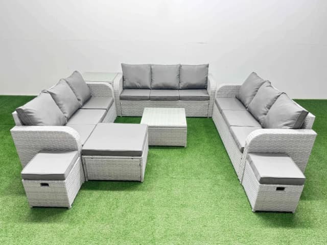 Fimous PE Rattan Lounge Sofa Set 12 Seater Outdoor Garden Furniture Set with Square Coffee Table 3 Seater Sofa 3 Stools Side Table Light Grey Light Gr