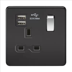 KnightsBridge 13A 1G Screwless Matt Black 1G Switched Socket with Dual 5V USB Charger Ports - Black Insert