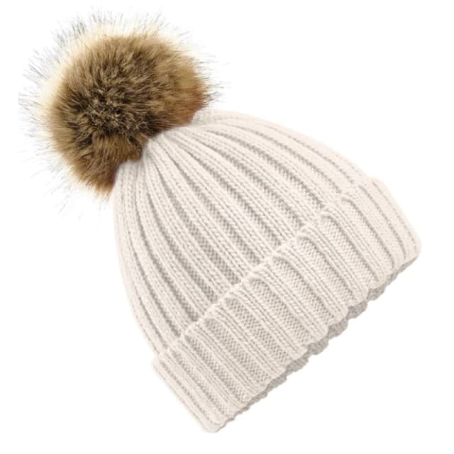 Beechfield Beechfield Fur Pop Pom Chunky Beanie in Beige Beige One Size Unisex 5059000200045