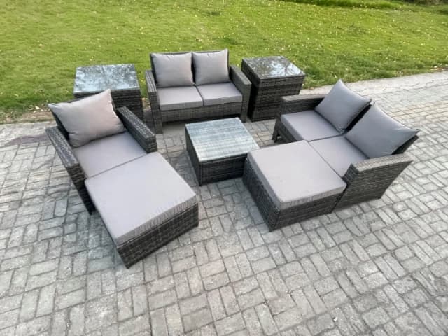 Fimous 7 Seater Outdoor Rattan Garden Furniture Set Conservatory Patio Sofa Coffee Table Set with Chair 2 Side Tables 2 Big Footstool in Dark Grey Dar
