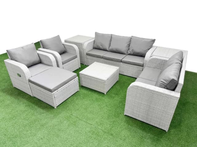 Fimous PE Rattan Garden Furniture Set Adjustable Chair Sofa Double Love Seat 2 Seater Sofa Lounge Set Square Coffee Table Big Footstool 2 Side Table L