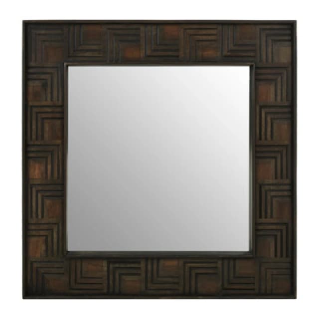 Orsina Boho Square Wall Mirror, Weathered Dark Mango Wood Frame With Carved Detail, Decorative Sustainable Mirror