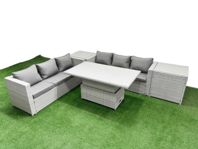 Fimous 5 PCs Rising Dining Table Set Rattan Furniture Set with 3 Seater Sofa in Light Grey Light Grey Unisex