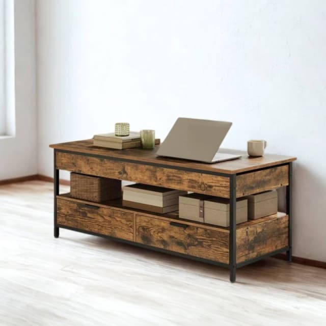 Pirlo Plush Industrial Lift Top Coffee Table With Drawers Rustic Brown Brown Unisex