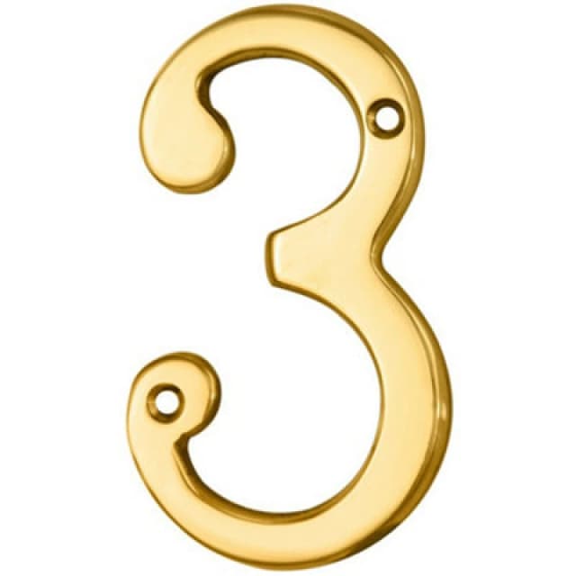 Loops Stainless Brass Door Number 3 75mm Height 4mm Depth House Numeral Plaque Metallics