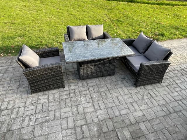 Fimous 4pcs Rattan Outdoor Garden Furniture Sofa Set Height Adjustable Rising Lifting Table Dark Grey Mixed Dark Grey Unisex