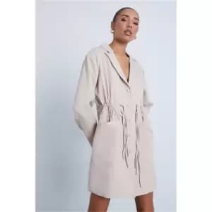 I Saw It First Stone Woven Bold Shoulder Drawcord Waist Oversized Blazer Dress - Brown