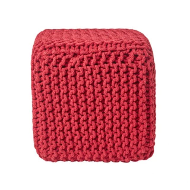 Homescapes Cube Cotton Knitted Pouffe Footstool Red