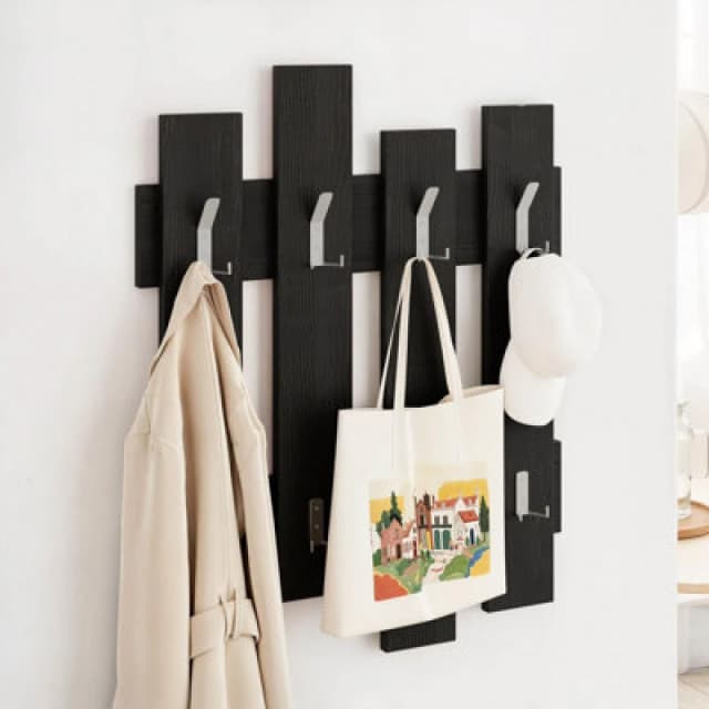 Decortie Wave Modern Wall-Mounted Coat Hanger With 8 Hooks Black Wood 69 Width