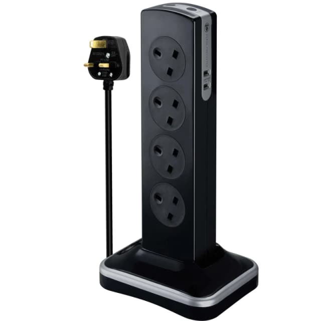 Masterplug 8 Socket 2m Switched Tower Surge Extension Lead + USB (2 port 3.1a) - Gloss Black SRGTOWSU82PB-MP