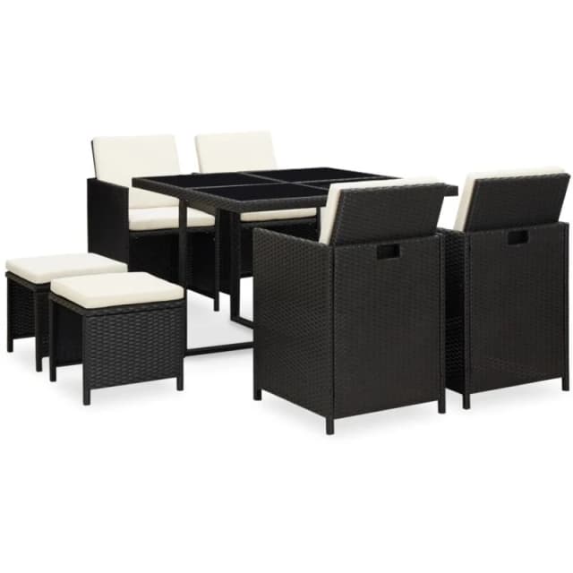 vidaXL Outdoor Dining Set 9 Piece with Cushions Poly Rattan Black Garden Set
