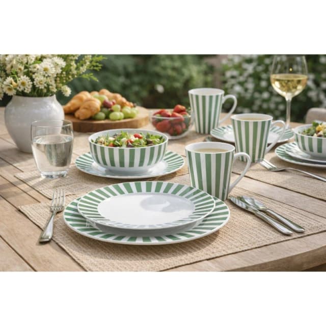 Waterside 24pc Green Split Stripe Dinner Set, Green 6297