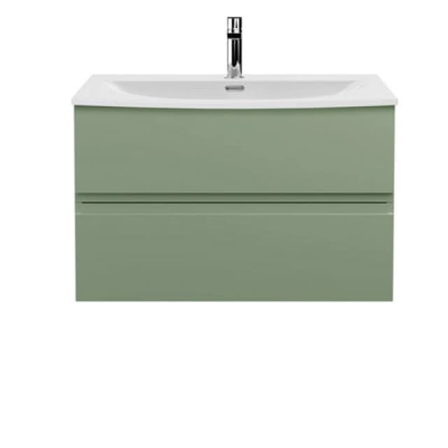 Nuie Hudson Reed Urban Wall Hung 2 Drawer Vanity Unit With Curved Ceramic Basin, Modern Bathroom Furniture In Satin Green, 800mm