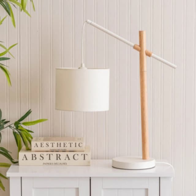 ValueLights Adrianna Wooden Hanging Table Lamp with White Drum Lamp Shade Natural