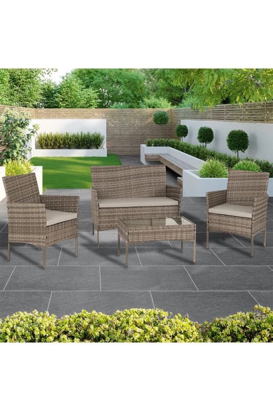 Seconique Willow 4Pc Garden Set - Grey Rattan/Grey Fabric/Clear Glass, Grey 700-701-002