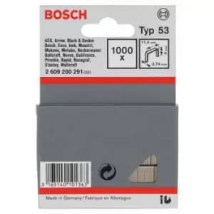 Fine wire staple, type 53 - 11,4 x 0,74 x 4mm 1000 pc(s) Bosch Accessories 2609200291 Dimensions (L x W) 4mm x 11.4 mm