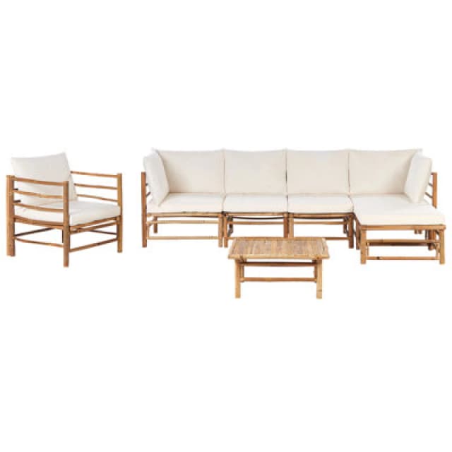 Beliani Garden Lounge Set With Table 6 Seater Cerreto Left Hand Bamboo Wood Off-White