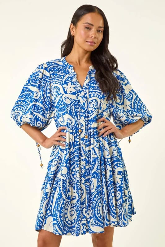 Roman Womens Petite Print Button Smock Dress in Royal Size: 12 Royal Female 12