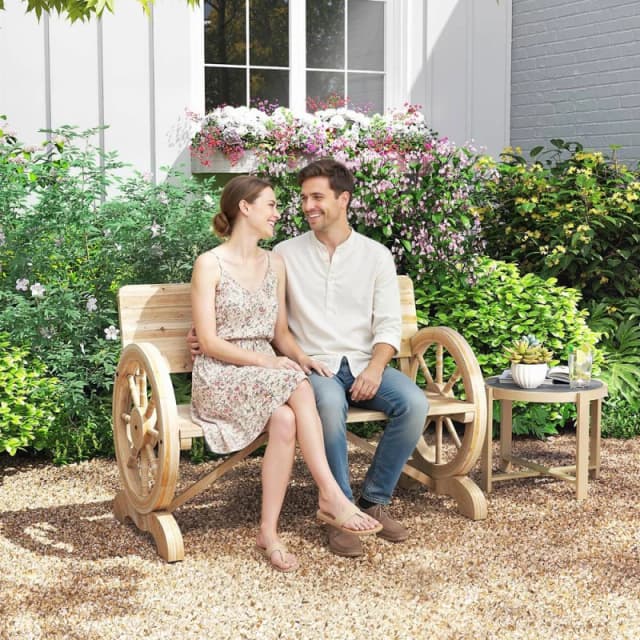 OUTSUNNY Wooden Garden Bench Outdoor Loveseat with High Back, Natural Wood Natural Unisex