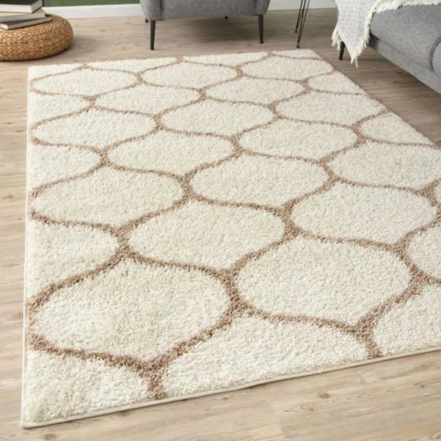 THE RUGS Soft Trellis Shaggy Rugs & Runners Ivory & Beige Living Room Size: 80cm x 300cm Beige Unisex 80cm x 300 cm