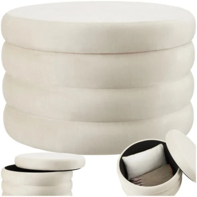 Tectake Footstool Altu Xl - With Storage, Cylinder Shape, Plush Upholstery, 67 X 42cm - Velvet Look Cream-White, 1