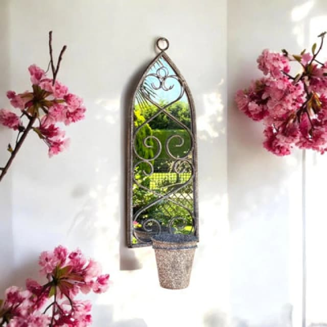 64Cm Rusty Wall Mirror With Single Planter