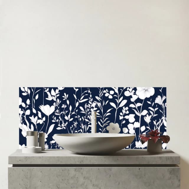 Warren Reed - Designer Blue & White Floral Silhouette Glass Bathroom Splashback Multicolor Unisex
