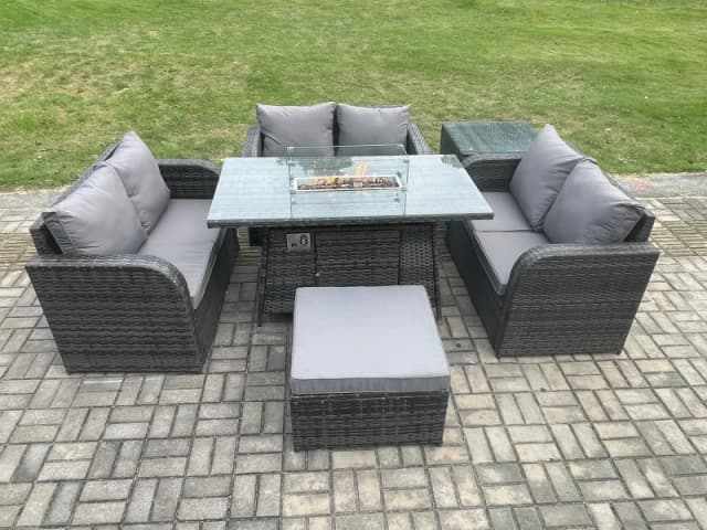 Fimous Rattan Outdoor Garden Furniture Sofa Set Gas Fire Pit Dining Table Gas Heater with Side Table Love Sofa Big Footstool Dark Grey