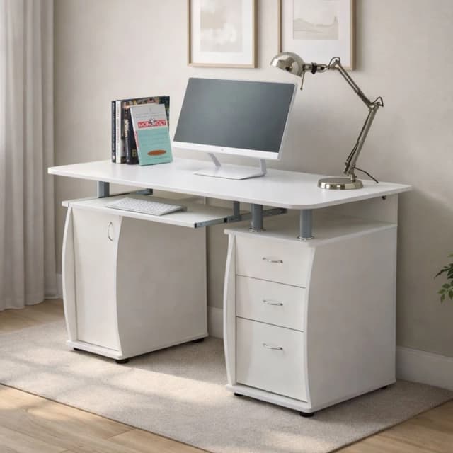 RAYGAR Raygar - Deluxe Computer Desk With Cabinet and 3 Drawers - White RG0425