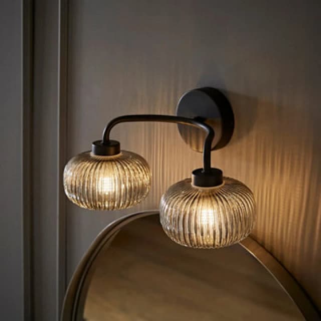 ValueLights Amaia Matte Black IP44 Rated 2 Way Smoked Ribbed Glass Wall Light Black