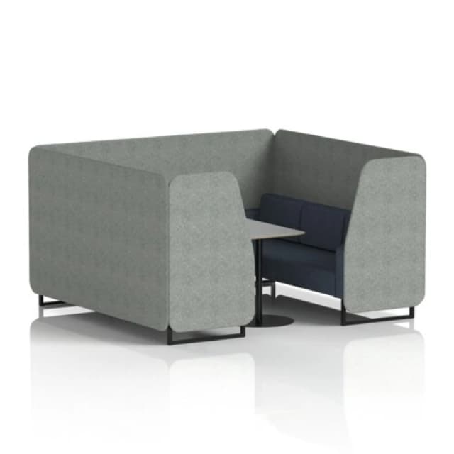 Brixworth 6 Seater Office Booth with Front Panel - Black Legs and Grey Table with Black Leg in Rivet Fabric - Prime Panels and Crucible Sofa