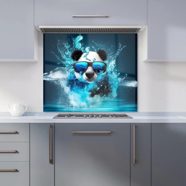 Warren Reed - Designer Panda With Glasses Splashart Water Kitchen Splashback in Blue Size: 600mm x 750mm Blue Unisex 600mm x 750mm