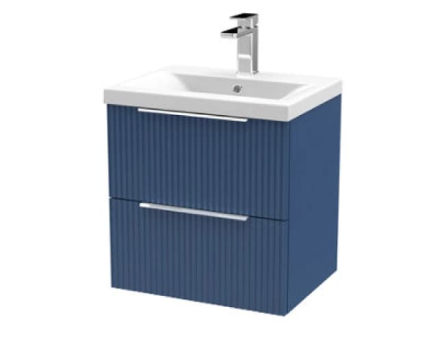 Hudson Reed Fluted Wall Hung 2-Drawer Vanity And Mid-Edge Basin, Contemporary Sink Vanity Unit, Satin Blue