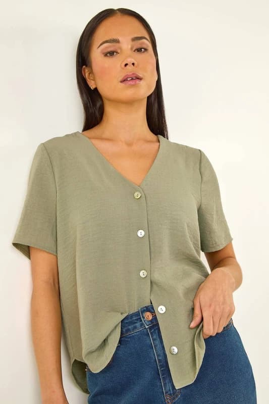 Roman Womens Petite V-Neck Button Through Blouse in Khaki Size: 16 Khaki Female 16
