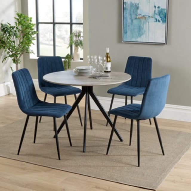 Core Products Aspen Grey Oak Effect 100Cm Round Dining Table With 4 Blue Cord Fabric Straight Stitch Design Chairs