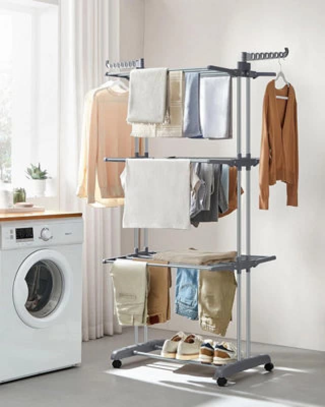 Songmics Large Clothes Airer, Foldable Clothes Drying Rack Laundry 4-Tier, Moveable Clothes Horse, Stainess Steel, Grey