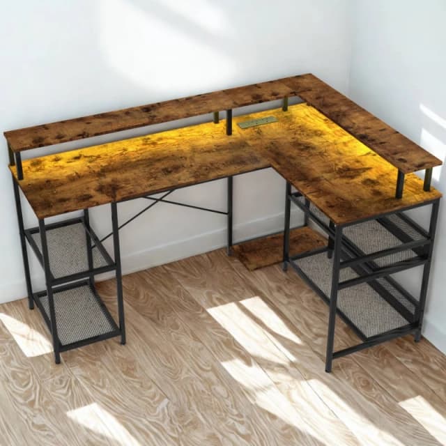 FURNOS Industrial L Shaped Computer Desk With USB Outlets & LED Lights in Brown Brown Unisex