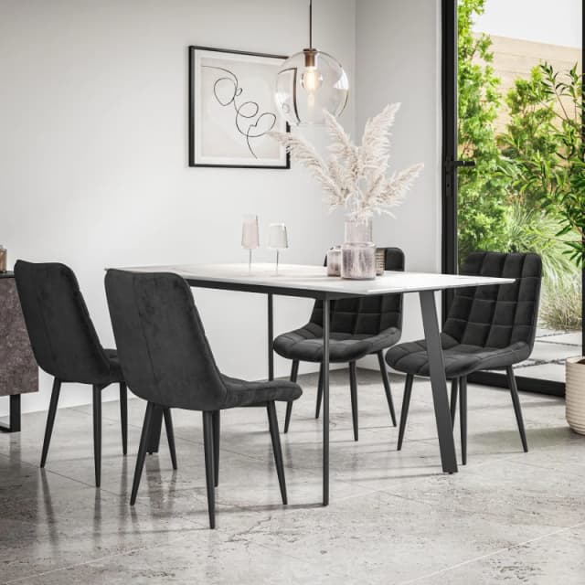 More4Homes Haydon Extending Dining Table + Chairs- White Marble Effect Table Top W Black Legs + Nova Velvet Dining Chair Set Of 4 (Black)