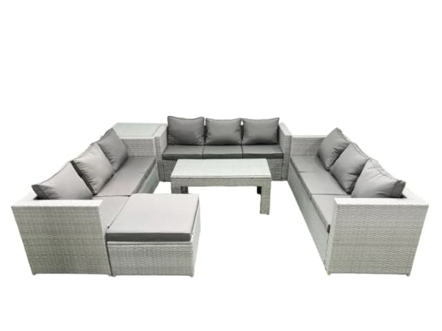 Fimous Rattan Garden Outdoor Furniture Set 10 Seater Garden Sofa Oblong Coffee Table Set with Big Footstool Side Table Light Grey Mixed Light Grey