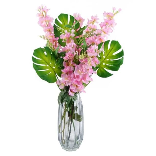 Leaf Leaf 60cm Pink Delphinium Tropical with Glass Vase Green